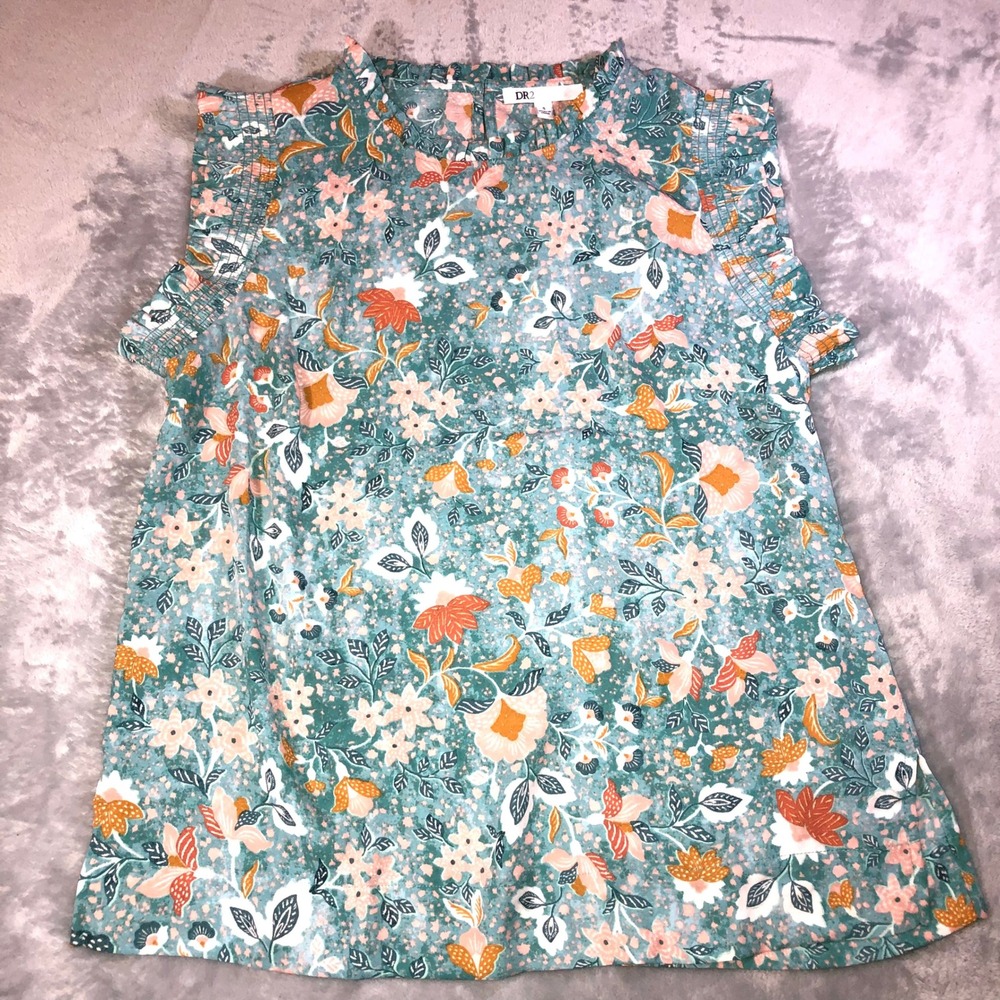 DR2 Women Ruffle Neck Smocked Sleeveless Blouse Top Size Small Teal Green Floral